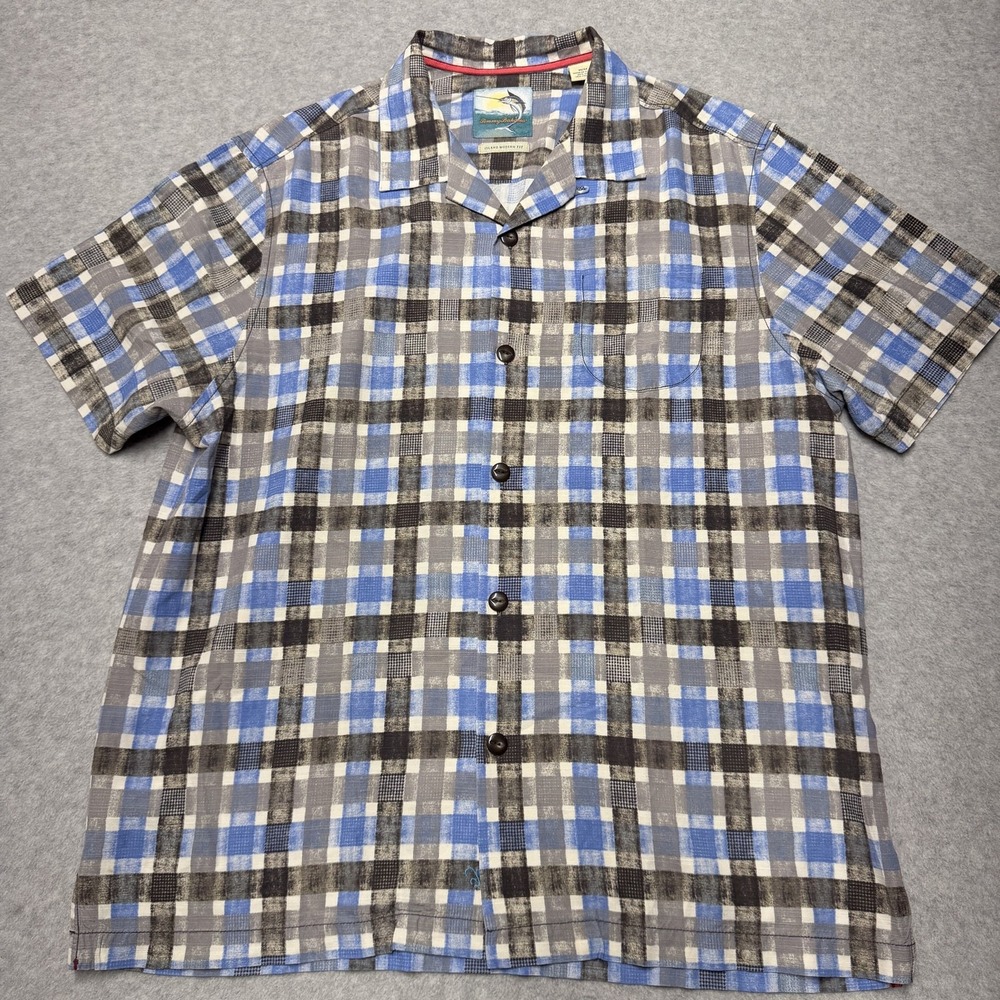 Tommy Bahama Island Modern Shirt Mens M Blue Plaid Short Sleeve Silk Blend